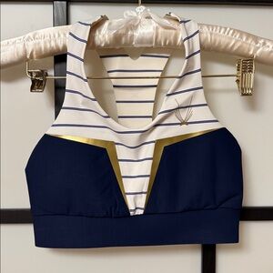 Lucas Hugh London Crop Top Bra Navy Striped Gold Foil V-Neck Racerback